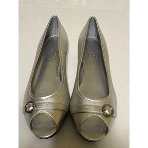 Talbots Silver Leather Flat Peep Toe Shoes 7.5 Y2K Formal